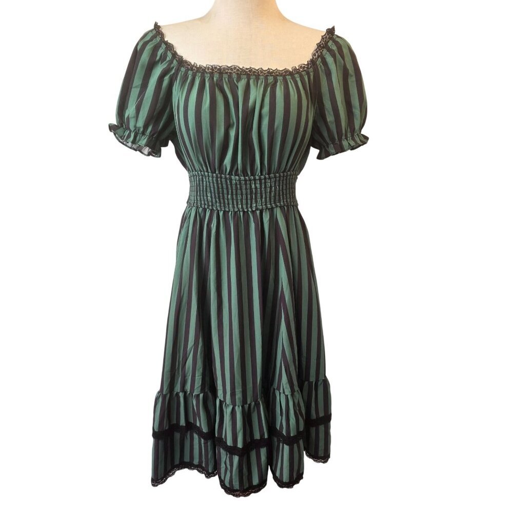 Scarlet Darkness Green Stripe Smock Waist Dress Sz M Off Shoulder Black Lace